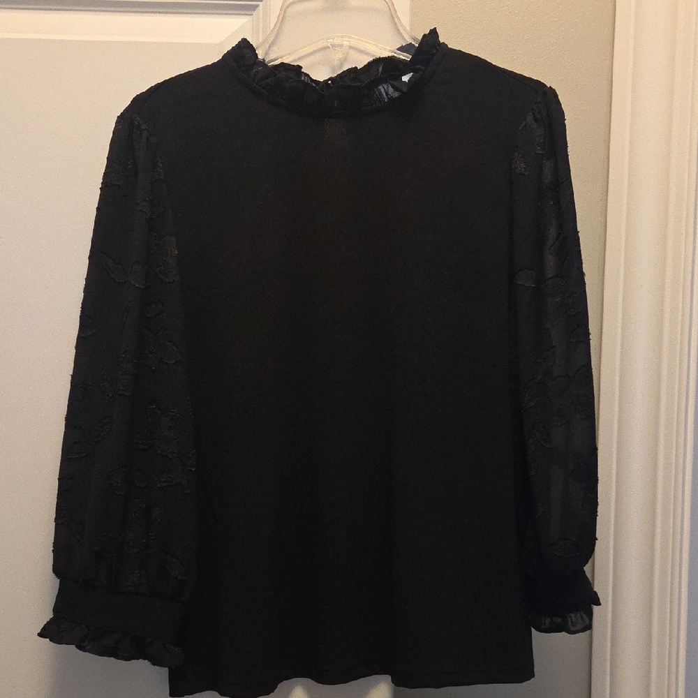 CeCe Black Ruffle-Neck Sheer-Sleeve Blouse Sz Small